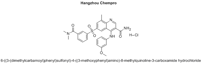 6-((3-(dimethylcarbamoyl)phenyl)sulfonyl)-4-((3-methoxyphenyl)amino)-8-methylquinoline-3-carboxamide hydrochloride